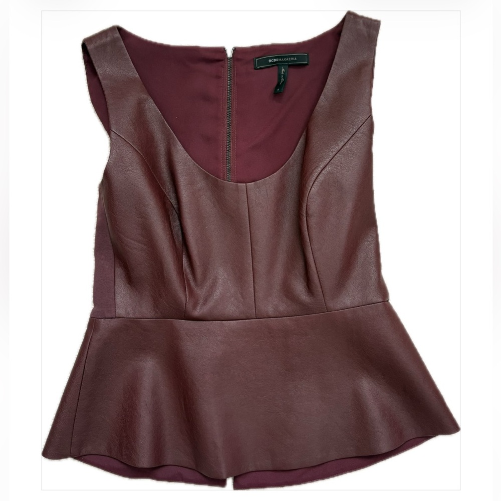 BCBGMaxAzria - Burgundy Faux Leather Peplum Top